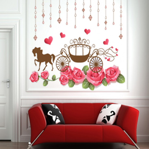 Carriage and Pink Flowers Wall Decal Sticker